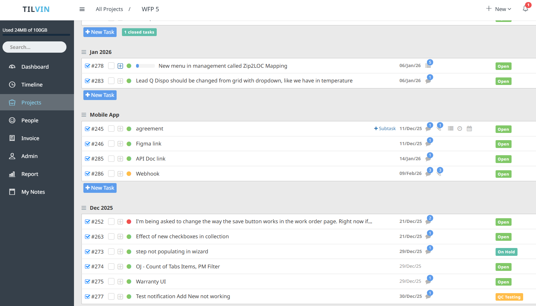 Tilvin task management view - a simple ClickUp alternative for project management